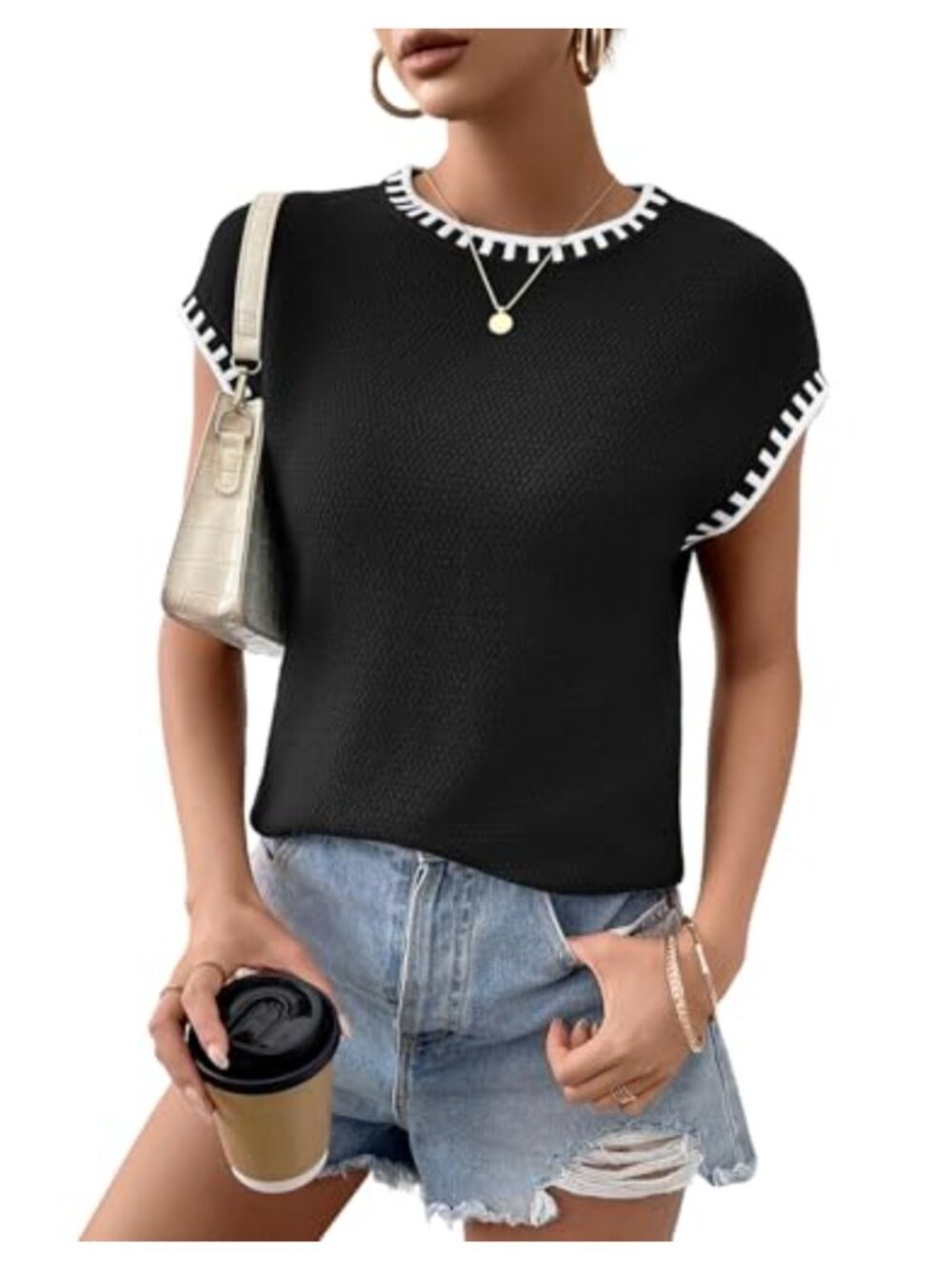 Cap Sleeve Sweater Vest Crewneck Knit Casual Solid Loose Fit Women's Top